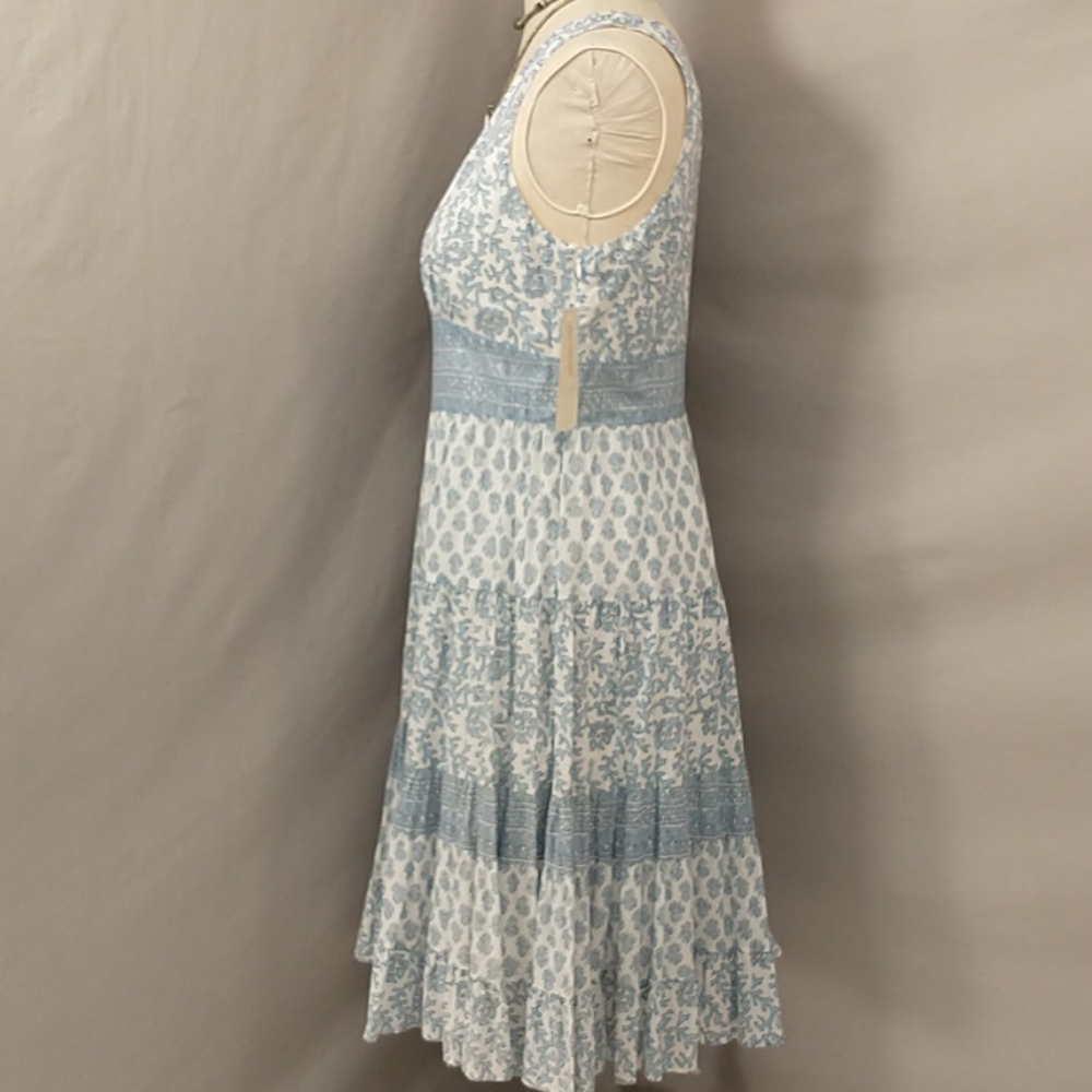 Cotton Block Print Summer Dress Wedgewood Blue & White Lined Midi Tiered Skirt - Picture 3 of 9